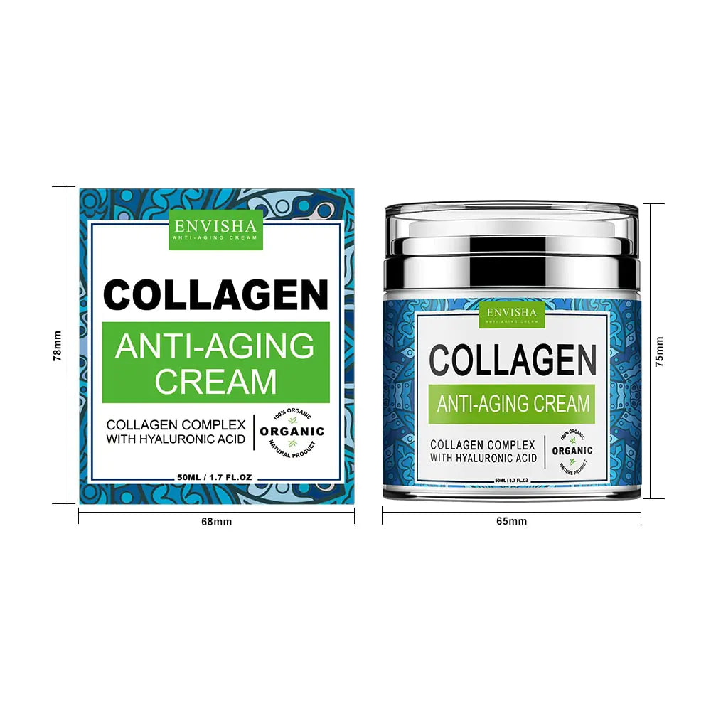 Blå burk med silvrigt lock, etikett med märket Envisha och att det är kollagen anti aging kräm i burken samt kollagenkomplex med hyaluronsyra. organiskt märke. Även förpackningen är med och att den är 78x68mm. Texten är på engelska.