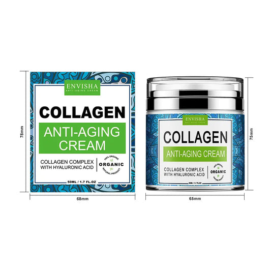 Blå burk med silvrigt lock, etikett med märket Envisha och att det är kollagen anti aging kräm i burken samt kollagenkomplex med hyaluronsyra. organiskt märke. Även förpackningen är med och att den är 78x68mm. Texten är på engelska.