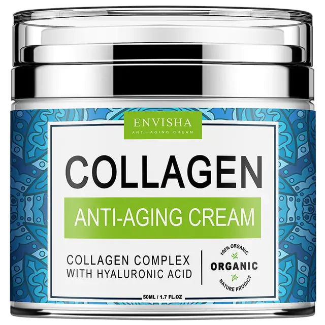 Blå burk med silvrigt lock, etikett med märket Envisha och att det är kollagen anti aging kräm i burken samt kollagenkomplex med hyaluronsyra. organiskt märke. Texten är på engelska.