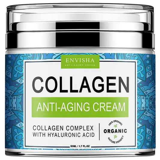 Blå burk med silvrigt lock, etikett med märket Envisha och att det är kollagen anti aging kräm i burken samt kollagenkomplex med hyaluronsyra. organiskt märke. Texten är på engelska.