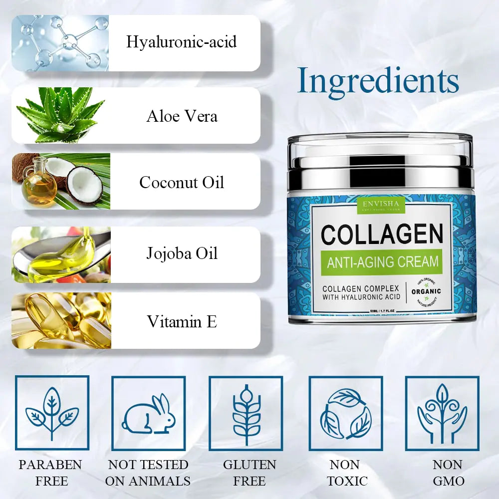 burken med beskrivning bredvid: hyaluronic-acid, aloe vera, cocosnöt olja, jojoba olja, vitamin E.  Paraben fri, inte testad på djur, glutenfri, icke toxic, inte genmodifierad (GMO). Text på engelska